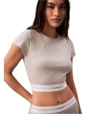 Calvin Klein Cotton Stretch Ribbed Rib Crop Tee Heather Grey L Clean Girl Lounge